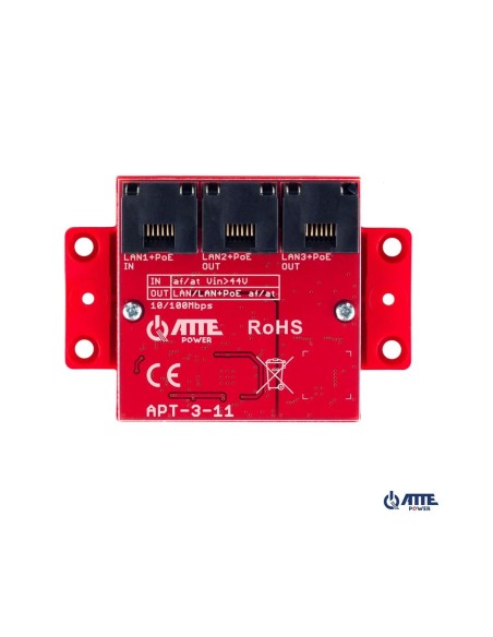 ATTE APT-3-11 - Switch PoE 3 portowy 10/100Mbps, extender (1xPoE IN 802.3af/at + 3xPoE OUT 802.3af/at), zasilany z PoE
